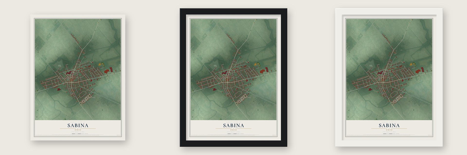 Sabina, Ohio map unframed, in a black wood frame and in a white wood frame