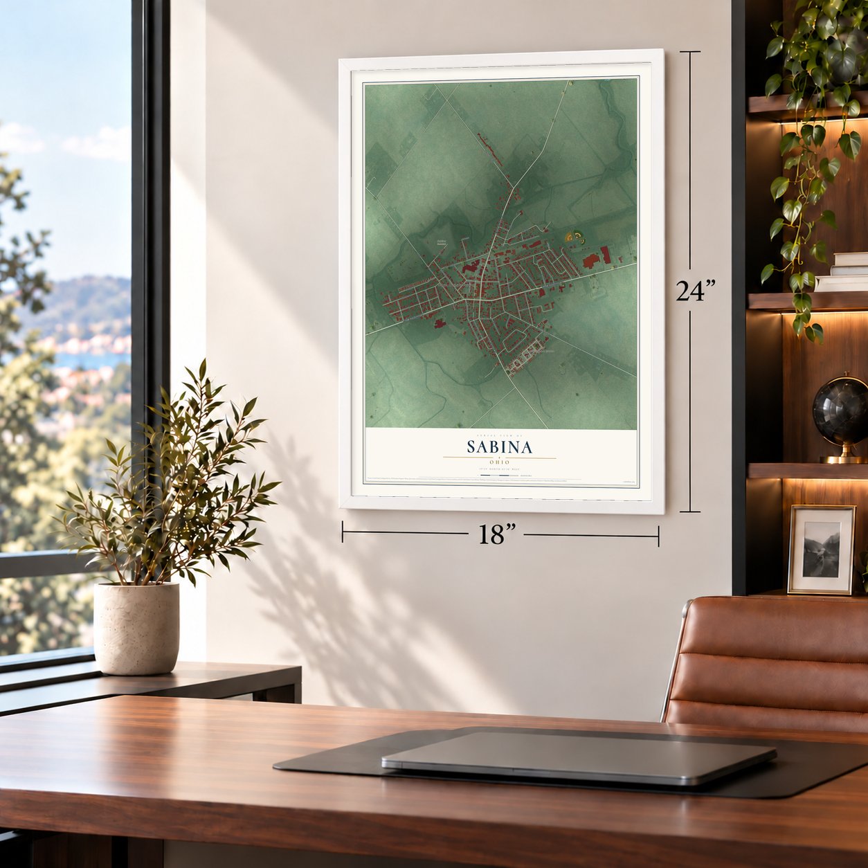 Sabina, Ohio map, 18 x 24 inch print in a white frame in a home office