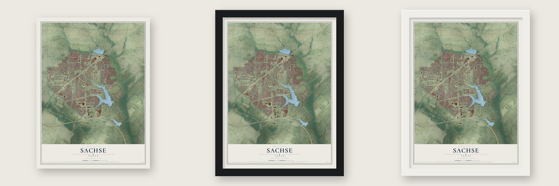 Sachse, Texas map unframed, in a black wood frame and in a white wood frame
