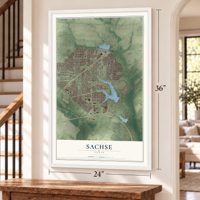 Sachse, Texas map, 24 x 36 inch print in a white frame by a staircase