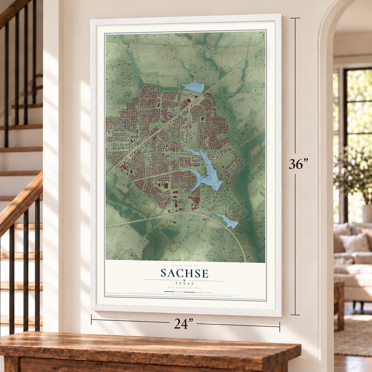 Sachse, Texas map, 24 x 36 inch print in a white frame by a staircase
