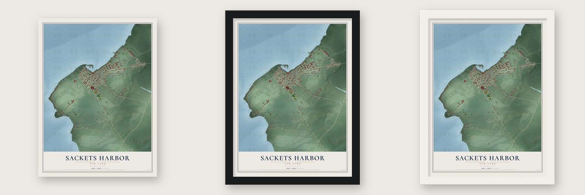 Sackets Harbor, New York map unframed, in a black wood frame and in a white wood frame