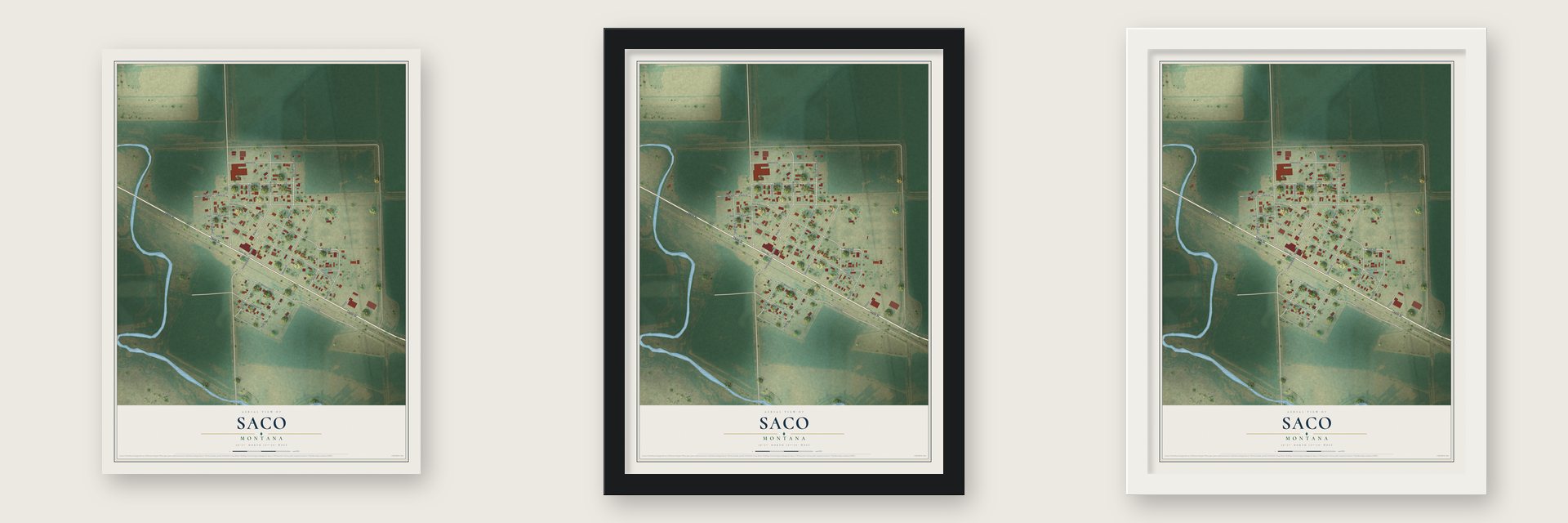 Saco, Montana map unframed, in a black wood frame and in a white wood frame