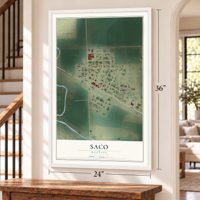 Saco, Montana map, 24 x 36 inch print in a white frame by a staircase