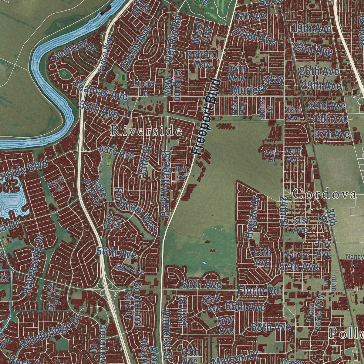 Second close-up of the map of Sacramento, California print showing more streets and buildings
