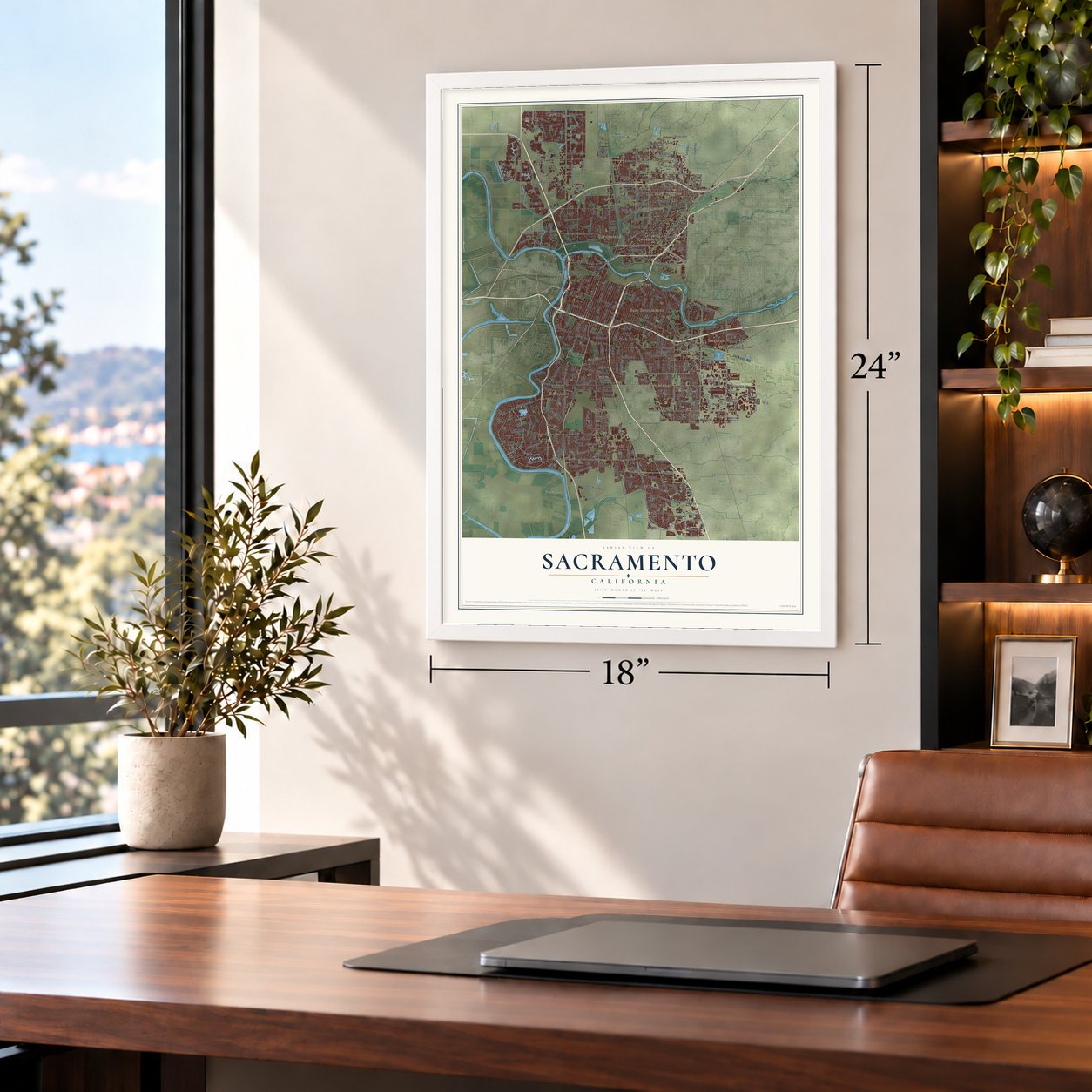 Sacramento, California map, 18 x 24 inch print in a white frame in a home office