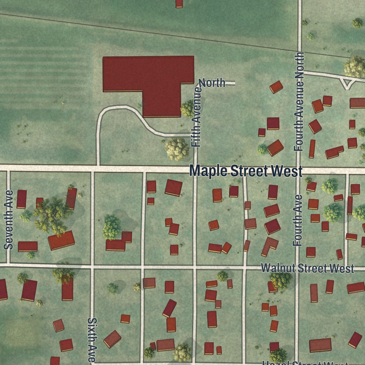Second close-up of the map of Sacred Heart, Minnesota print showing more streets and buildings