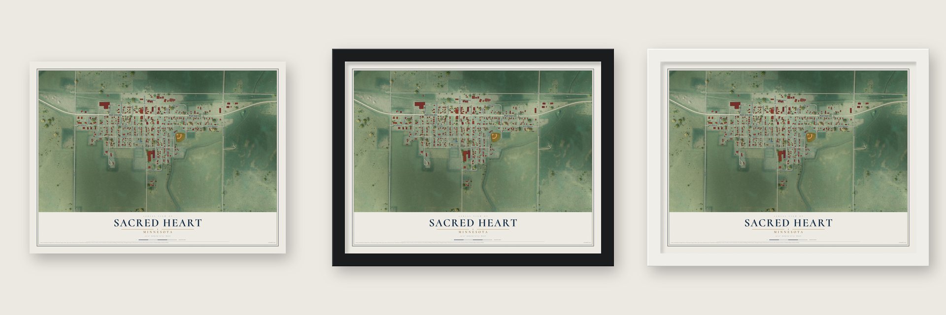 Sacred Heart, Minnesota map unframed, in a black wood frame and in a white wood frame