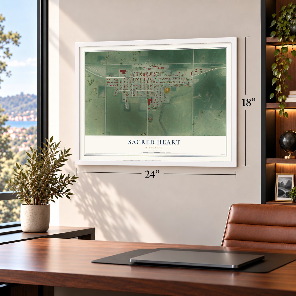 Sacred Heart, Minnesota map, 18 x 24 inch print in a white frame in a home office