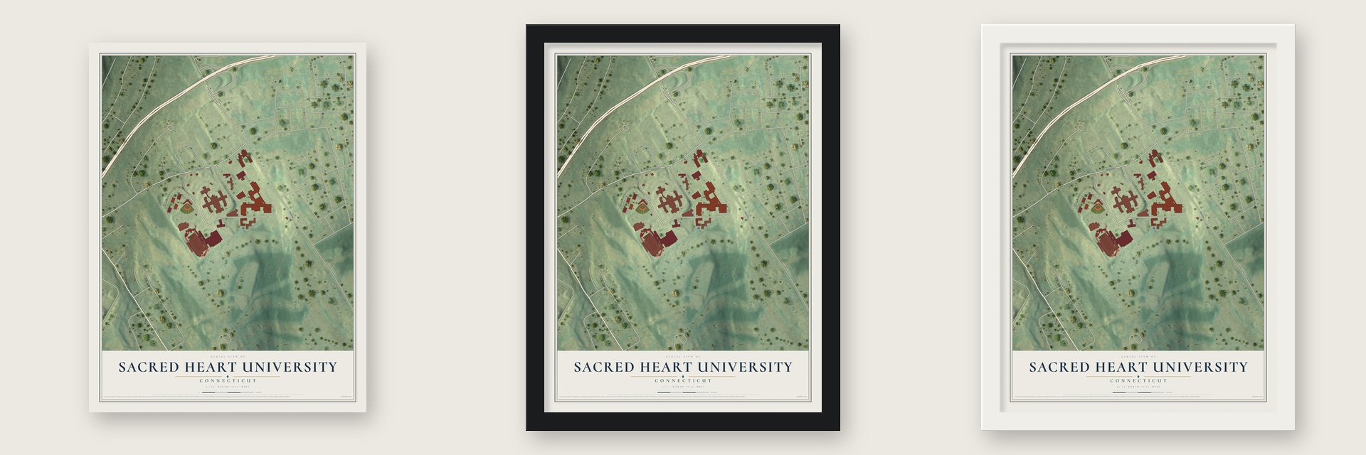 Sacred Heart University, Connecticut map unframed, in a black wood frame and in a white wood frame