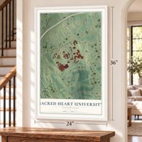 Sacred Heart University, Connecticut map, 24 x 36 inch print in a white frame by a staircase
