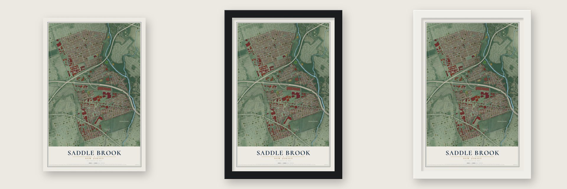 Saddle Brook, New Jersey map unframed, in a black wood frame and in a white wood frame