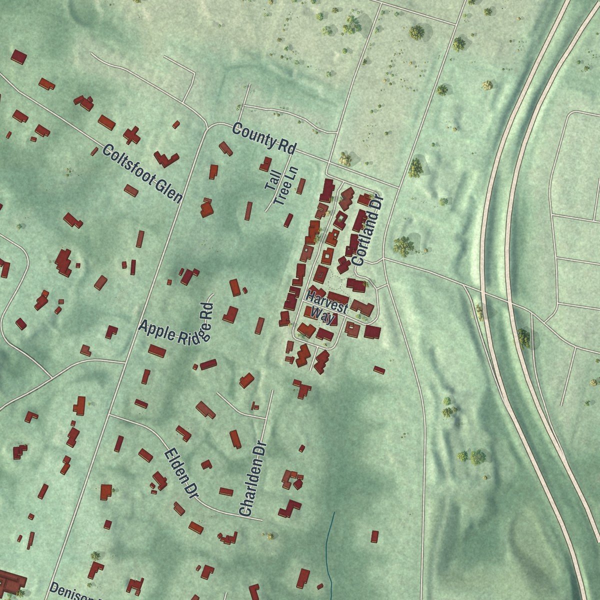 Second close-up of the map of Saddle River, New Jersey print showing more streets and buildings