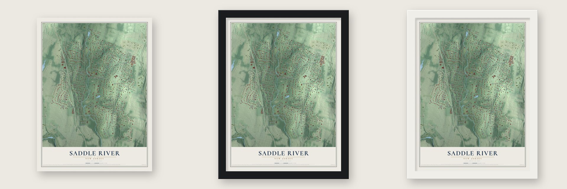 Saddle River, New Jersey map unframed, in a black wood frame and in a white wood frame