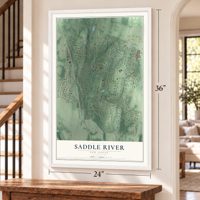 Saddle River, New Jersey map, 24 x 36 inch print in a white frame by a staircase
