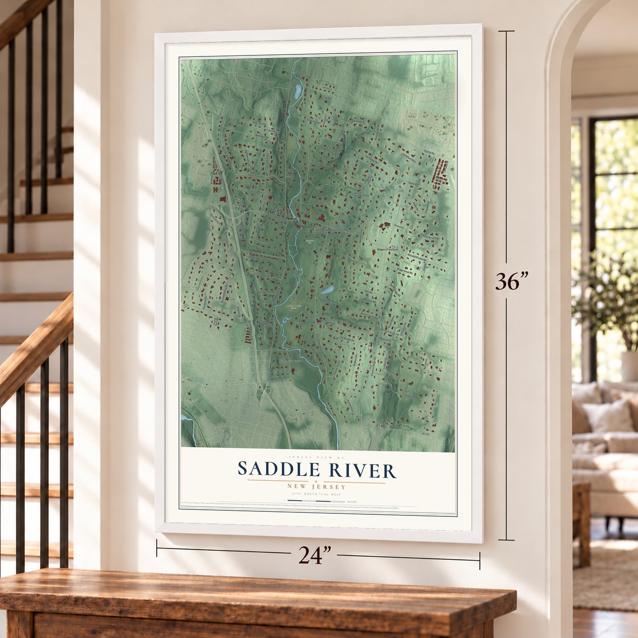 Saddle River, New Jersey map, 24 x 36 inch print in a white frame by a staircase