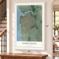 Saddle Rock, New York map, 24 x 36 inch print in a white frame by a staircase