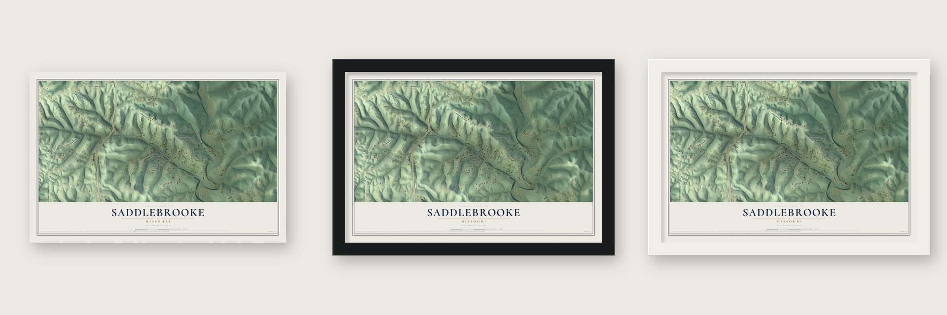 Saddlebrooke, Missouri map unframed, in a black wood frame and in a white wood frame
