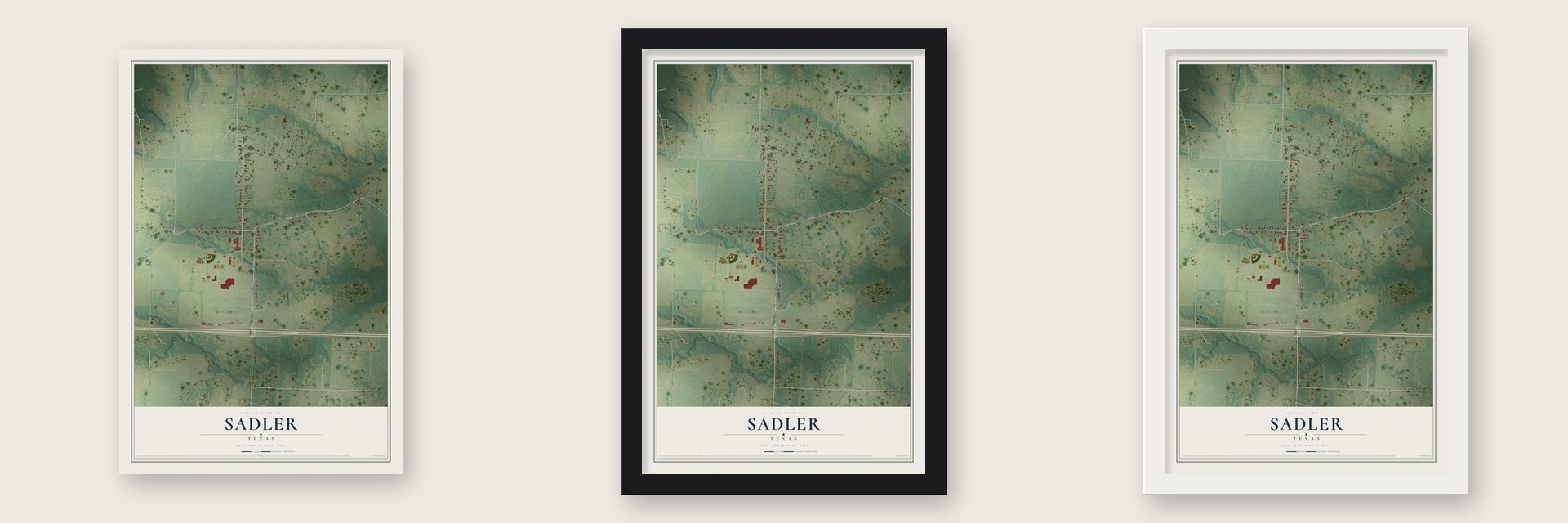 Sadler, Texas map unframed, in a black wood frame and in a white wood frame