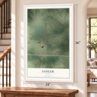 Sadler, Texas map, 24 x 36 inch print in a white frame by a staircase