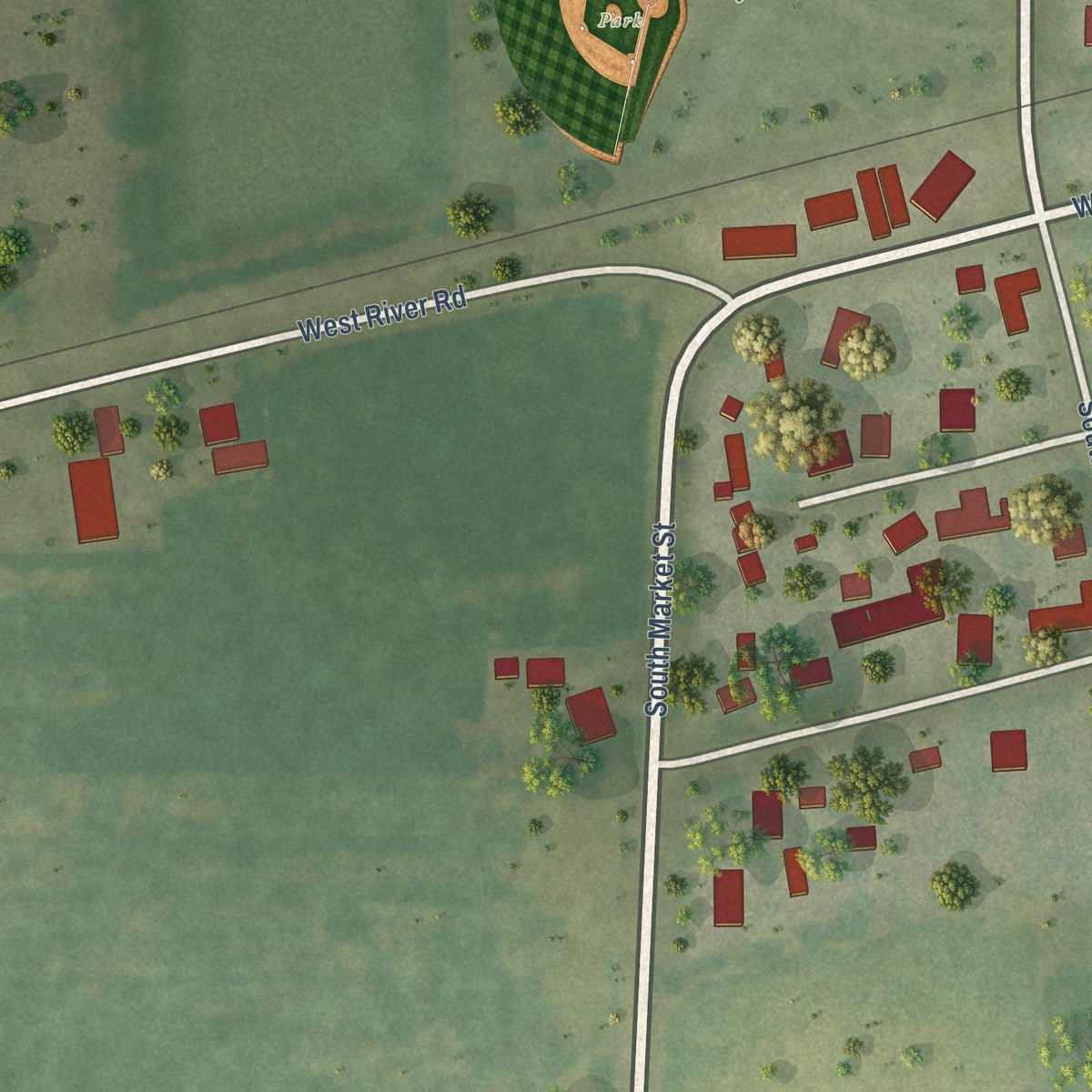 Second close-up of the map of Sadorus, Illinois print showing more streets and buildings
