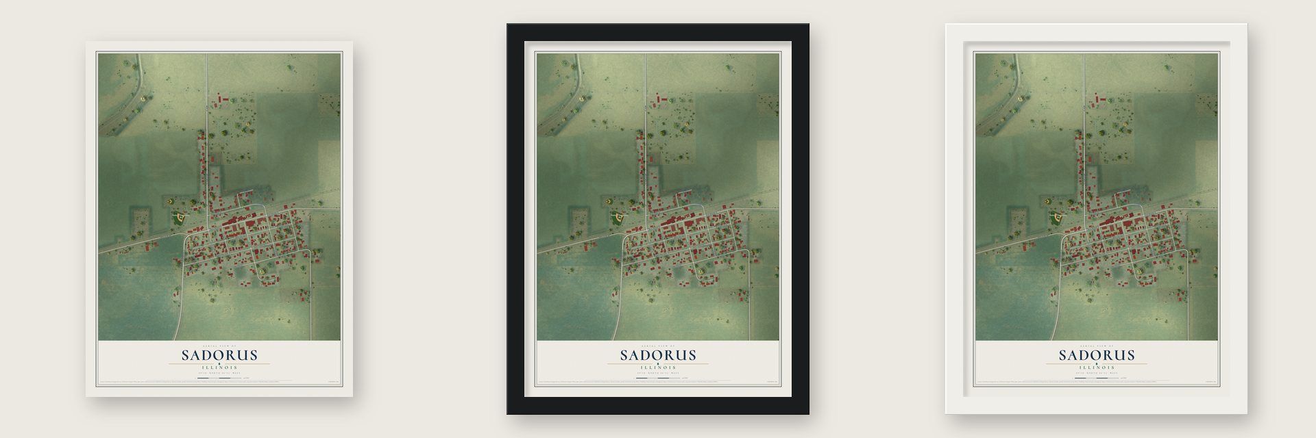 Sadorus, Illinois map unframed, in a black wood frame and in a white wood frame