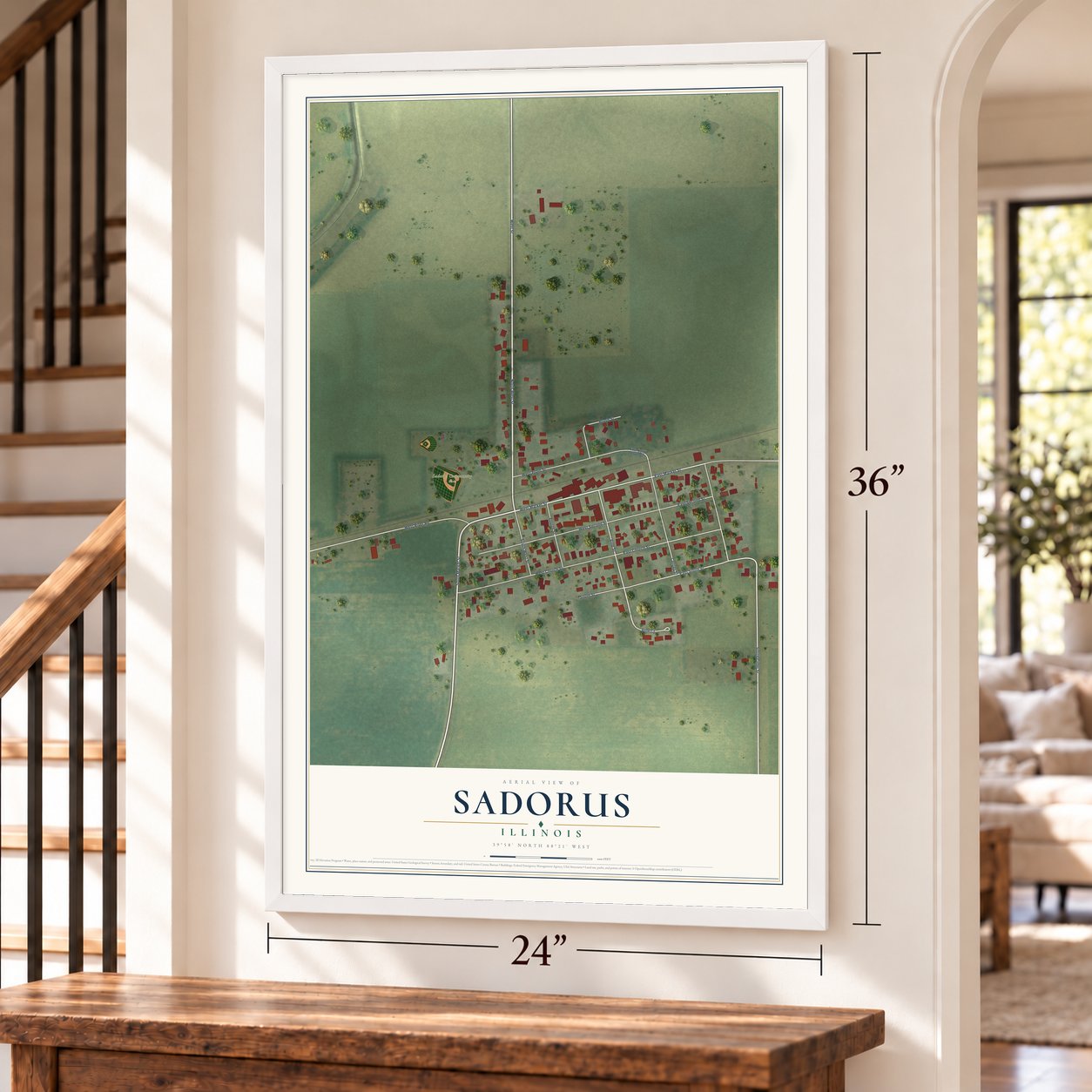 Sadorus, Illinois map, 24 x 36 inch print in a white frame by a staircase