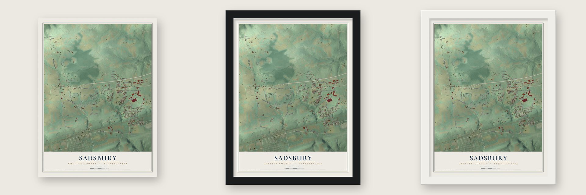Sadsbury, Chester County, Pennsylvania map unframed, in a black wood frame and in a white wood frame