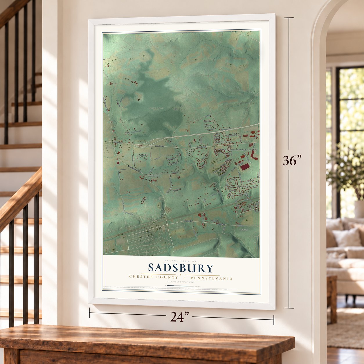 Sadsbury, Chester County, Pennsylvania map, 24 x 36 inch print in a white frame by a staircase