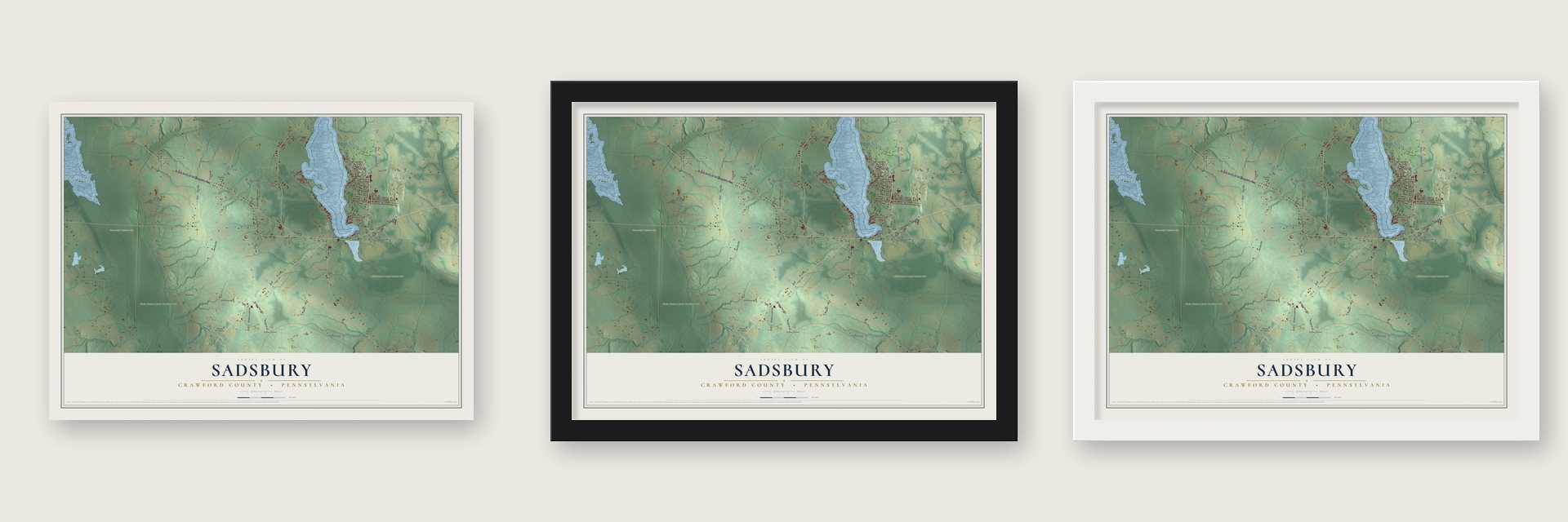 Sadsbury, Crawford County, Pennsylvania map unframed, in a black wood frame and in a white wood frame
