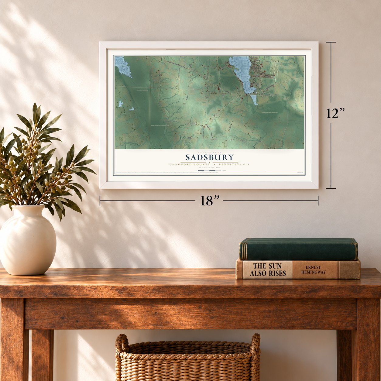 Sadsbury, Crawford County, Pennsylvania map, 12 x 18 inch print in a white frame in an entryway