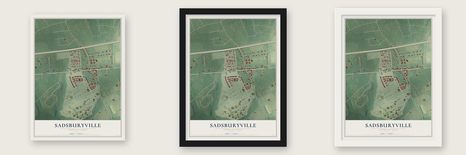 Sadsburyville, Pennsylvania map unframed, in a black wood frame and in a white wood frame
