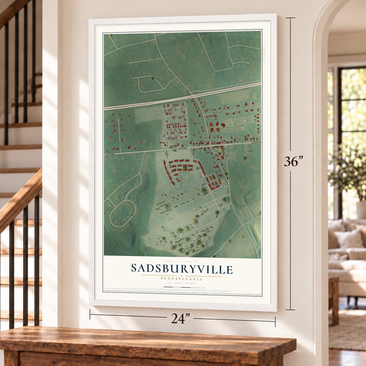 Sadsburyville, Pennsylvania map, 24 x 36 inch print in a white frame by a staircase