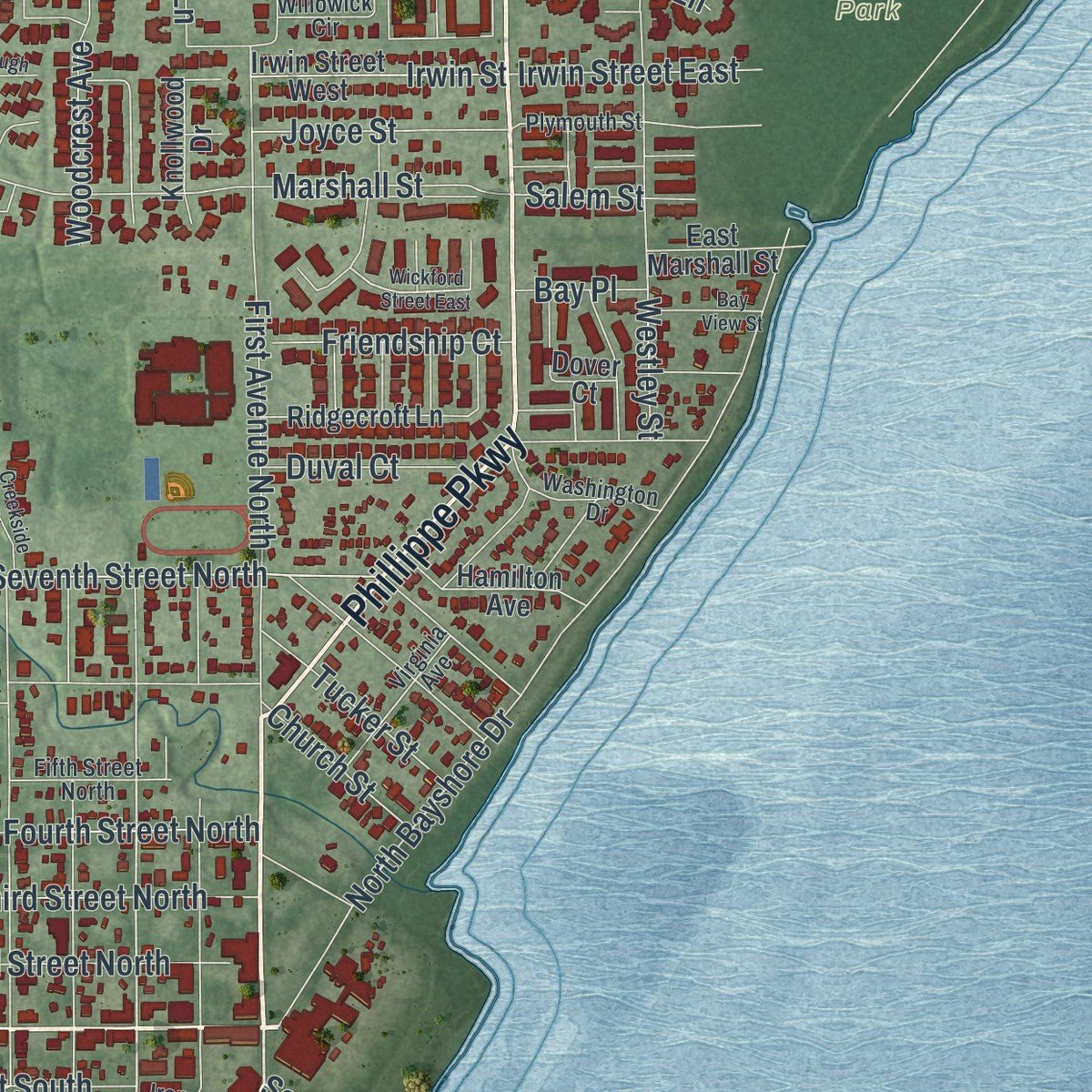 Second close-up of the map of Safety Harbor, Florida print showing more streets and buildings