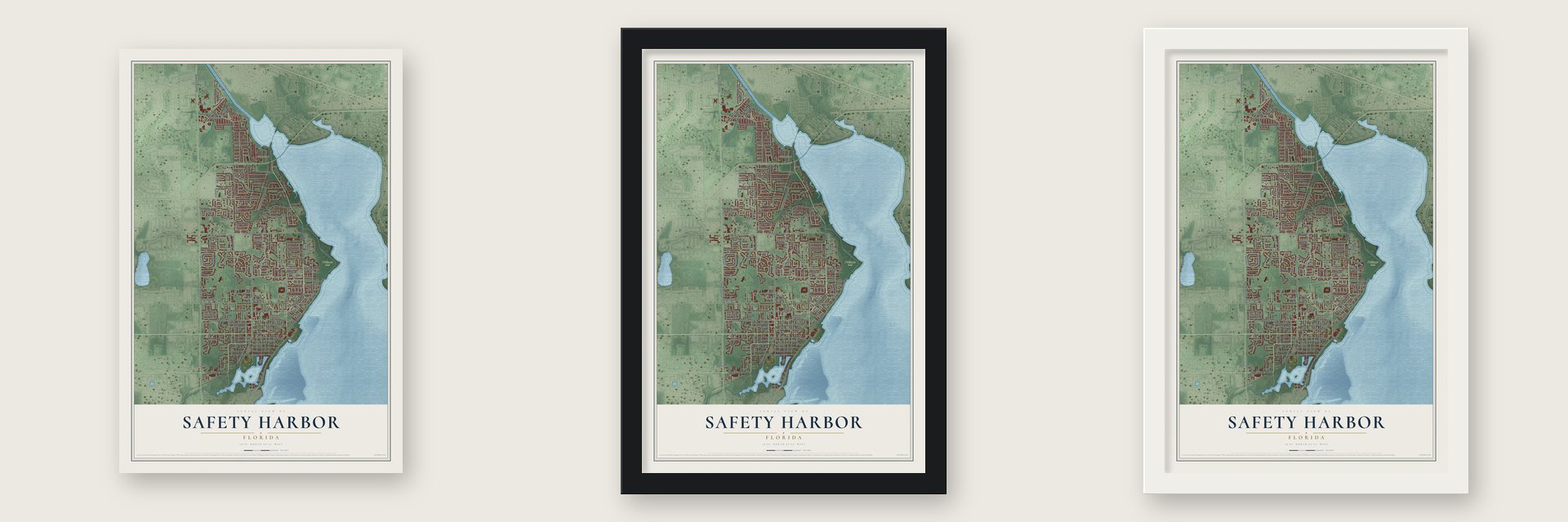 Safety Harbor, Florida map unframed, in a black wood frame and in a white wood frame