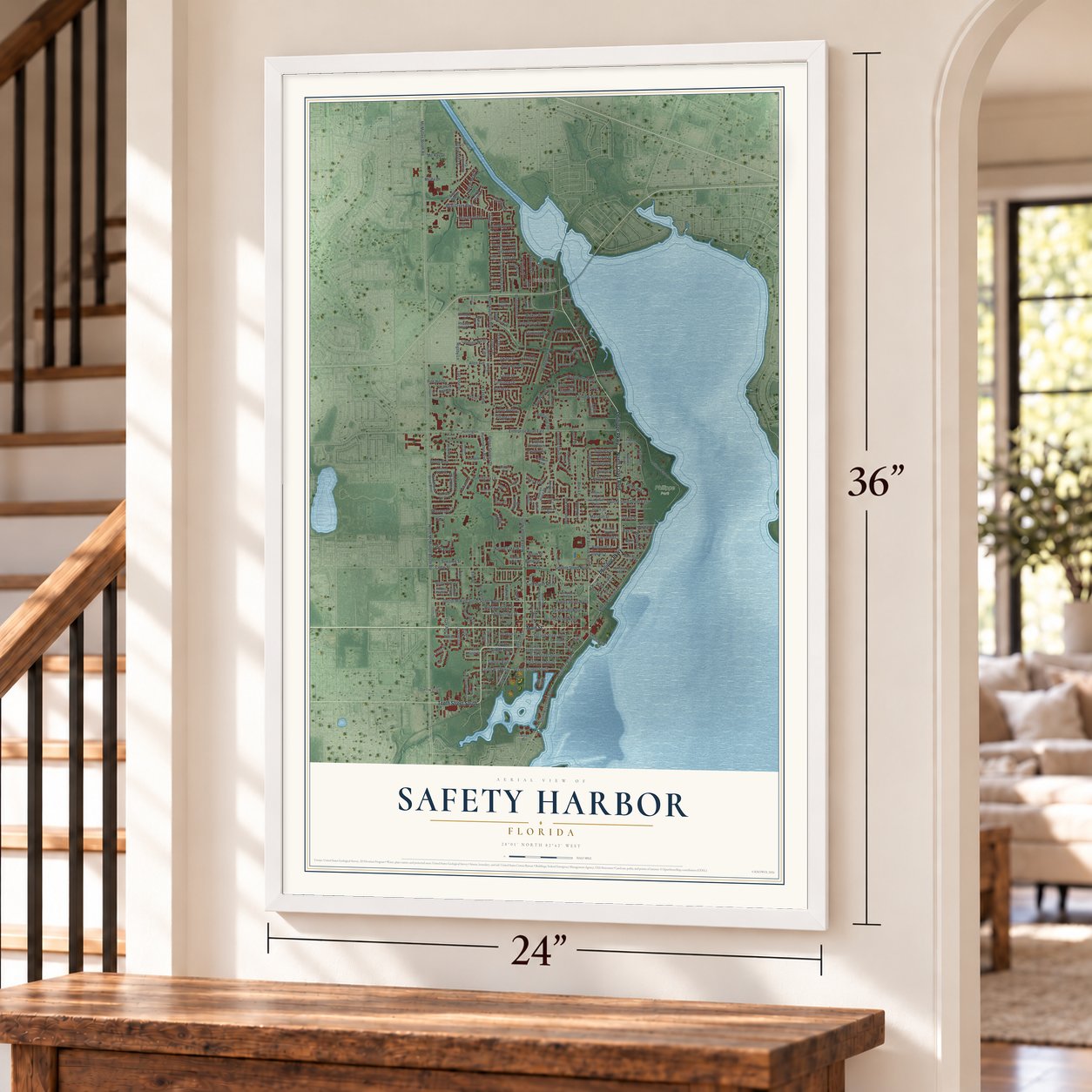 Safety Harbor, Florida map, 24 x 36 inch print in a white frame by a staircase