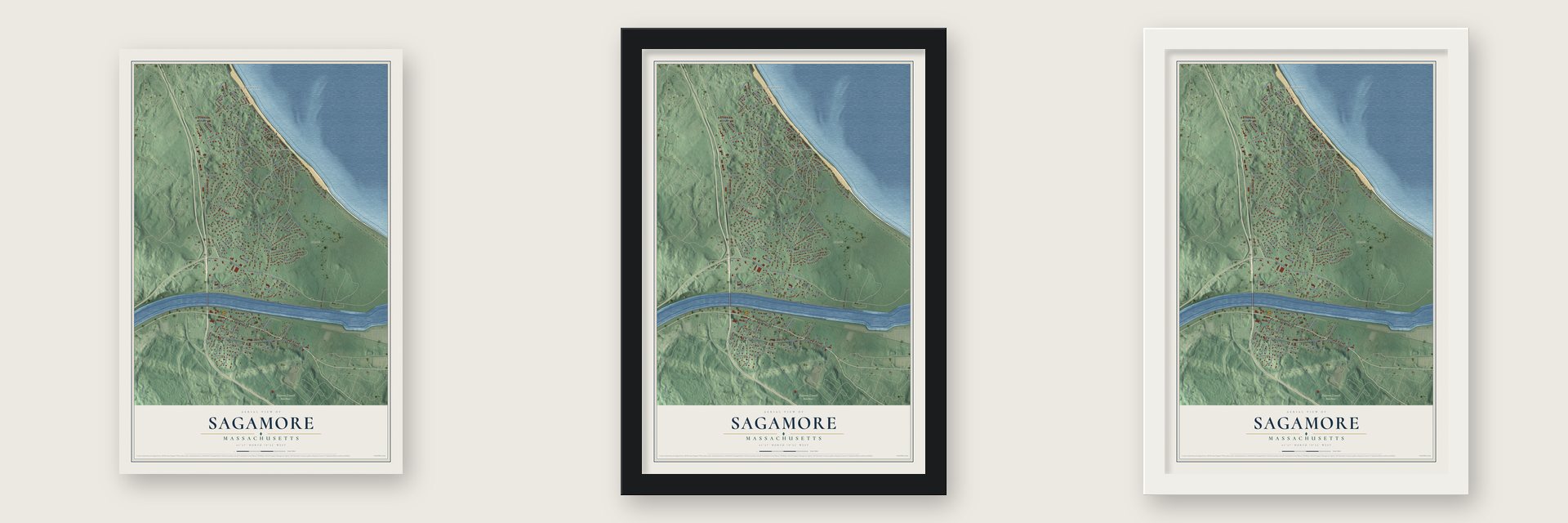 Sagamore, Massachusetts map unframed, in a black wood frame and in a white wood frame