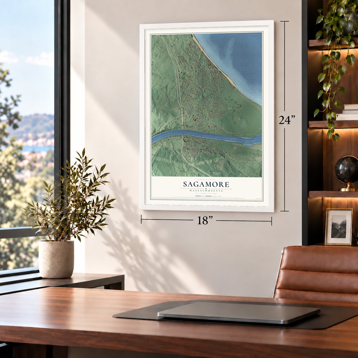 Sagamore, Massachusetts map, 18 x 24 inch print in a white frame in a home office