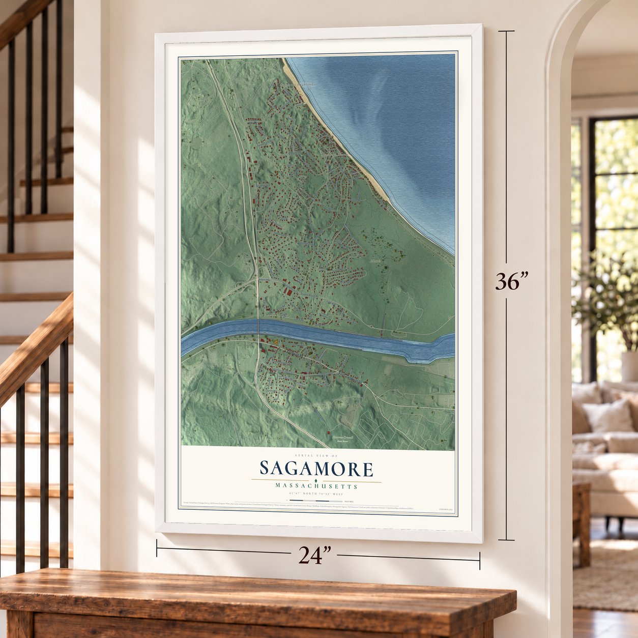 Sagamore, Massachusetts map, 24 x 36 inch print in a white frame by a staircase