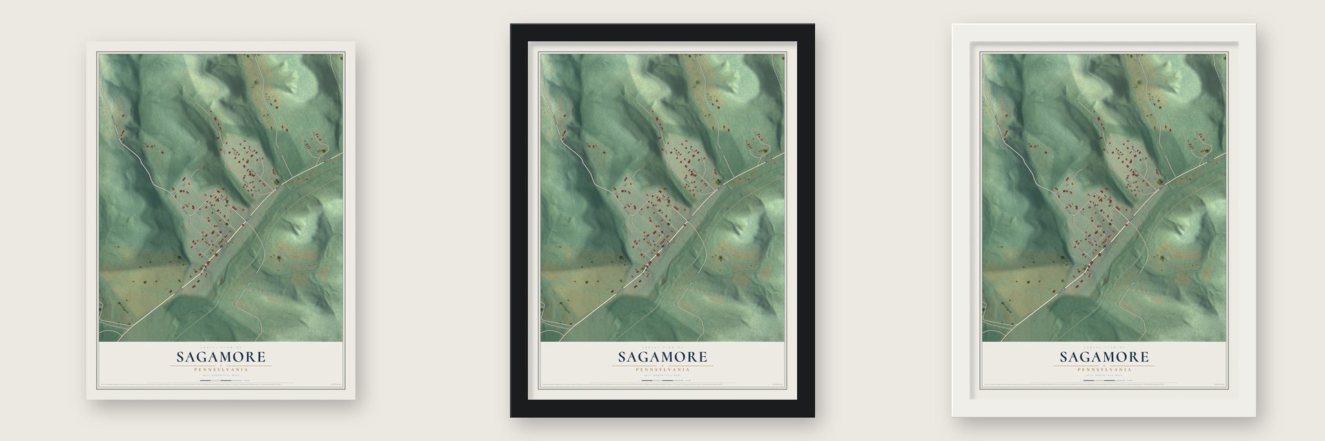 Sagamore, Pennsylvania map unframed, in a black wood frame and in a white wood frame