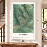 Sagamore, Pennsylvania map, 24 x 36 inch print in a white frame by a staircase