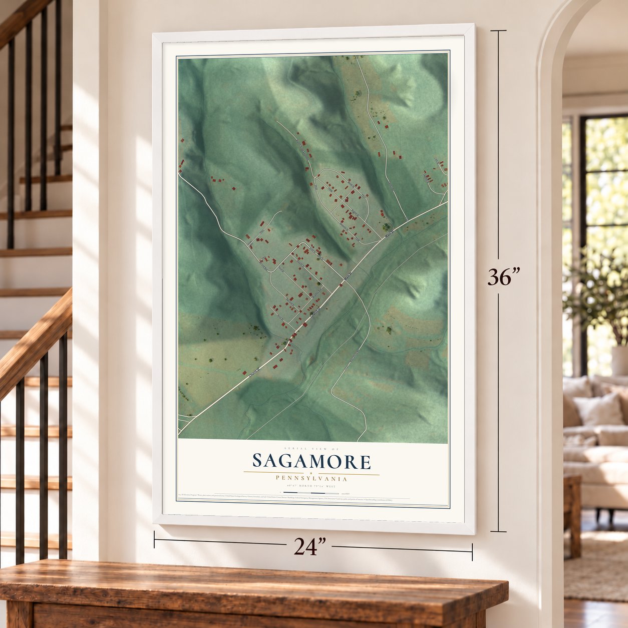 Sagamore, Pennsylvania map, 24 x 36 inch print in a white frame by a staircase