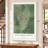 Sage Creek Colony, Montana map, 24 x 36 inch print in a white frame by a staircase