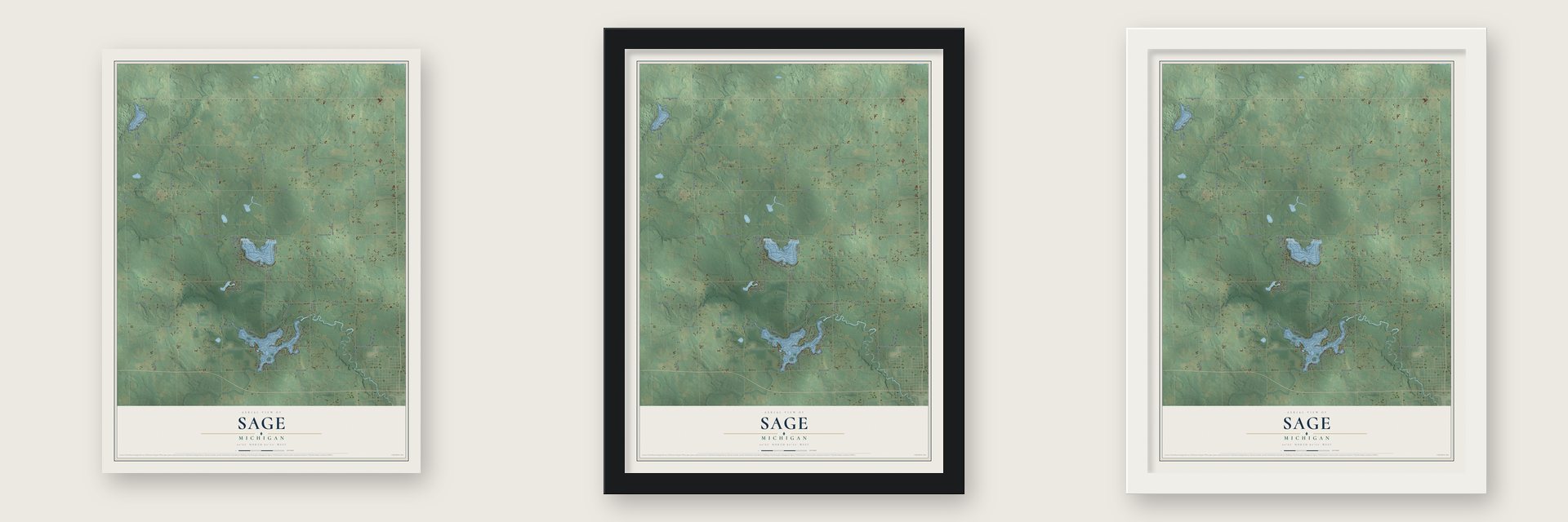 Sage, Michigan map unframed, in a black wood frame and in a white wood frame