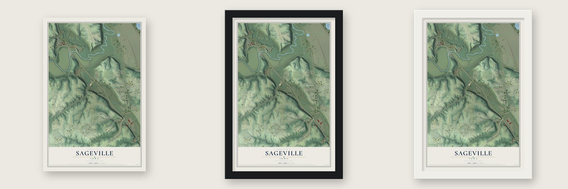 Sageville, Iowa map unframed, in a black wood frame and in a white wood frame