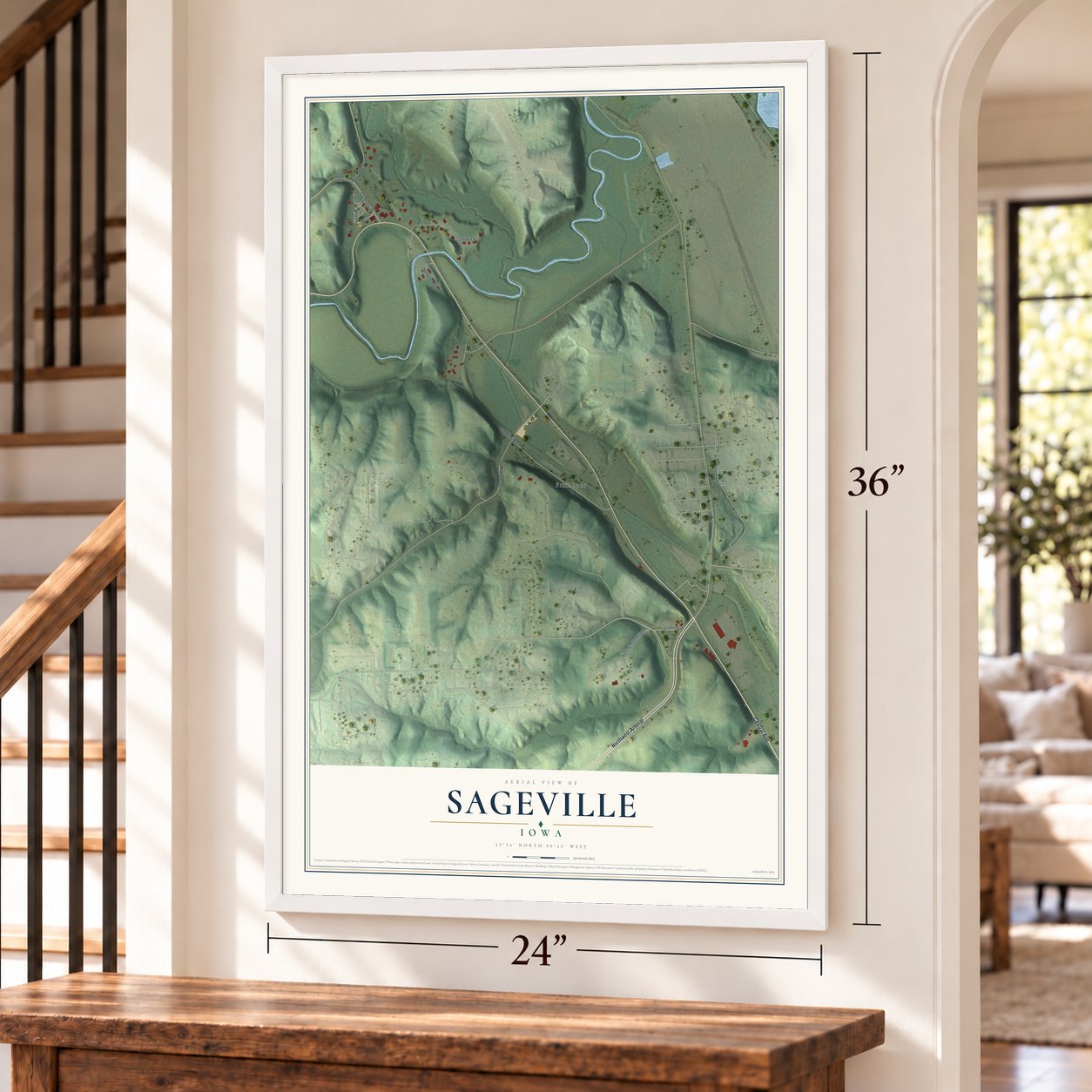 Sageville, Iowa map, 24 x 36 inch print in a white frame by a staircase