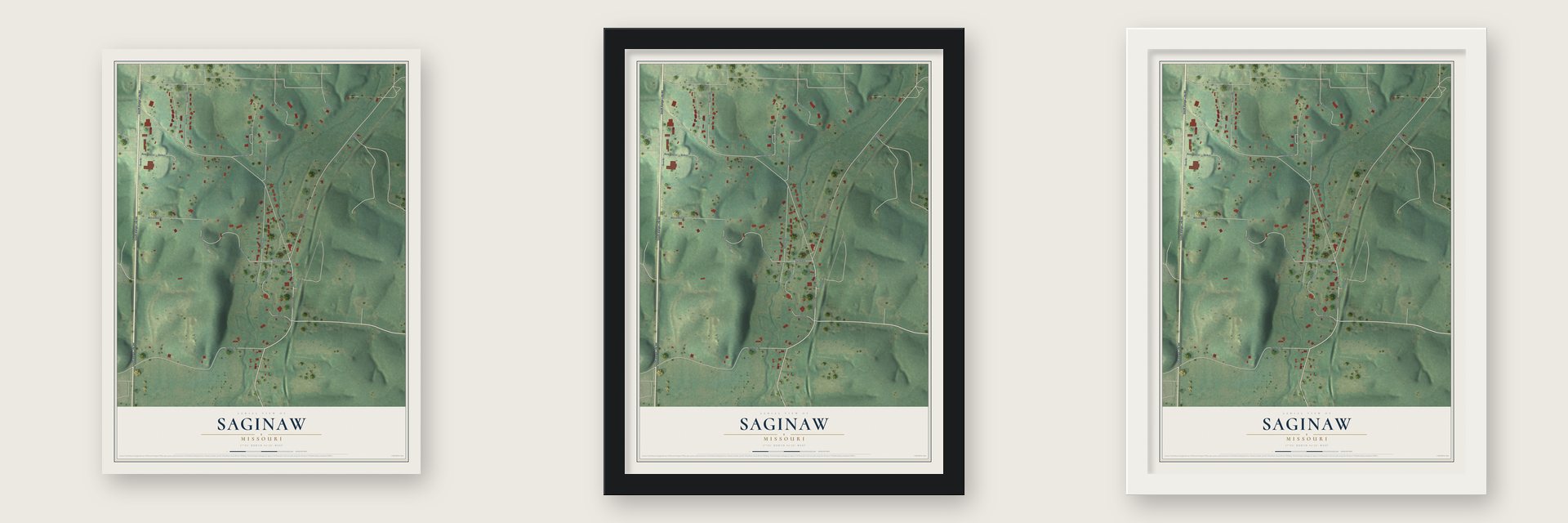 Saginaw, Missouri map unframed, in a black wood frame and in a white wood frame