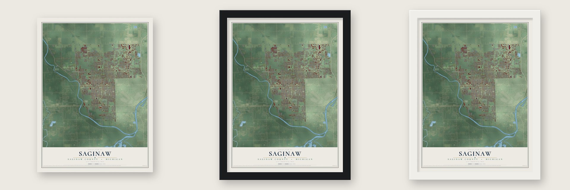 Saginaw, Saginaw County, Michigan map unframed, in a black wood frame and in a white wood frame