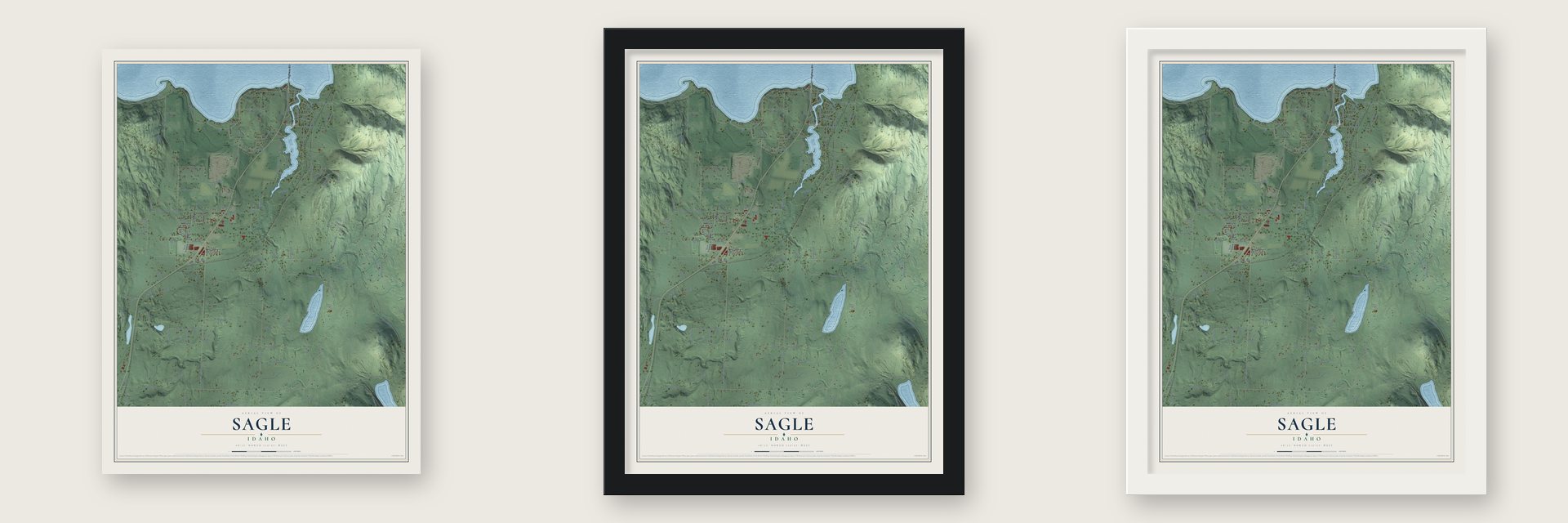 Sagle, Idaho map unframed, in a black wood frame and in a white wood frame