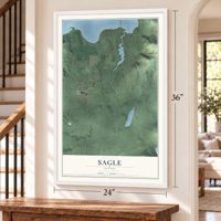 Sagle, Idaho map, 24 x 36 inch print in a white frame by a staircase